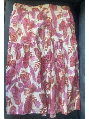 Melloday Skirt Linen Rayon Lined Button XL Midi Floral Tropical Pink White Red